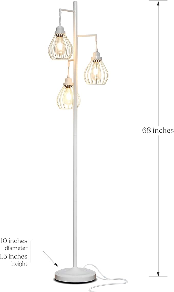 Brightech Teardrop LED Floor Lamp - Tree With 3 Elegant Cage Heads & Edison Bulbs - for Living Rooms, Offices & Bedroom Reading - Alpine White