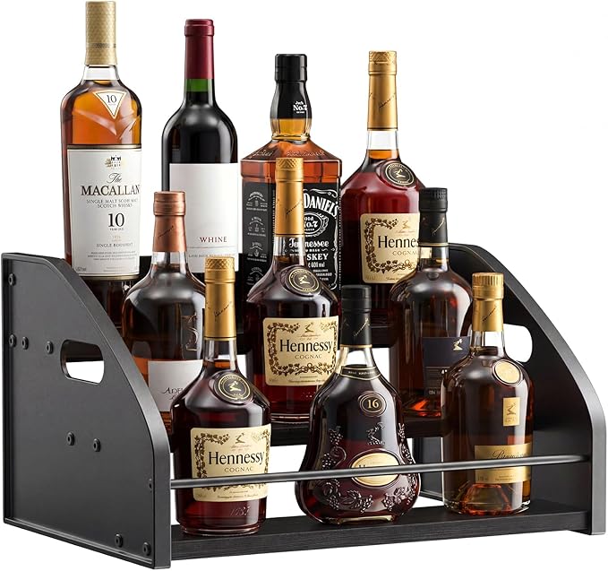 Countertop Liquor Bottle Organizer Shelf – Rustic Display Rack for Wine & Coffee Syrups, Freestanding Bar and Kitchen Storage with Easy-Carry Handles (3-Tier)