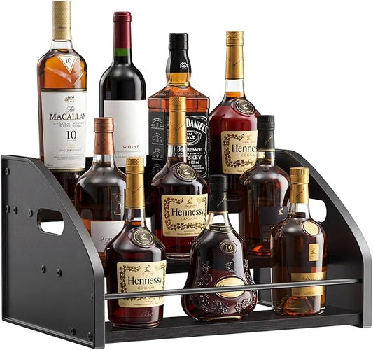 Countertop Liquor Bottle Organizer Shelf – Rustic Display Rack for Wine & Coffee Syrups, Freestanding Bar and Kitchen Storage with Easy-Carry Handles (3-Tier)