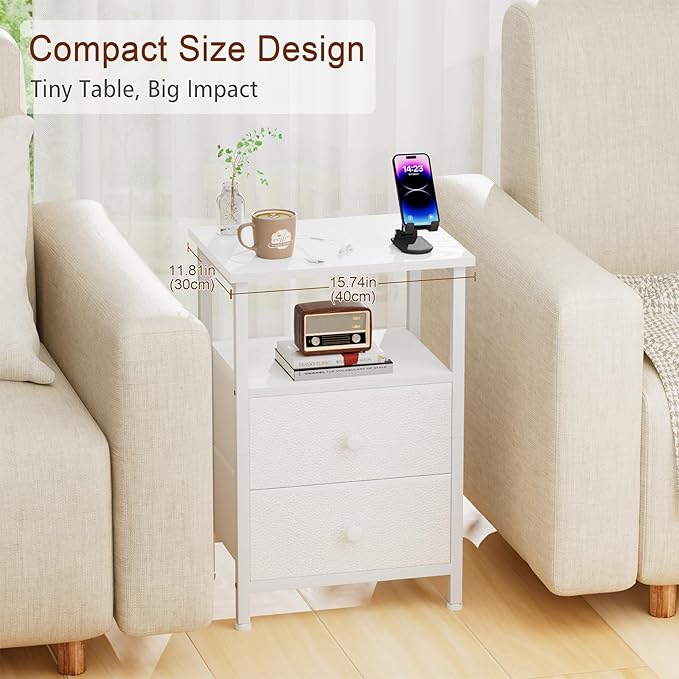 Night Stand for Bedroom, Nightstand with 2 Fabric Drawers, Small Bed Side Table Table with Open Storage Shelf for Living Room, White, HETS002WP-1