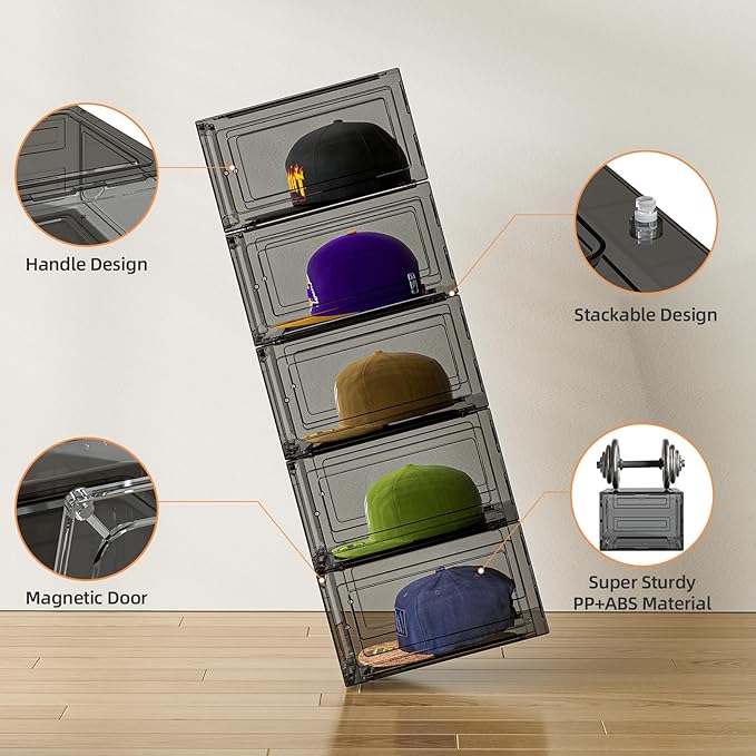 Hat Organizer Box for Baseball Caps, 6 Pack Plastic Hat Storage Display Case with Magnetic Door, Hat Holder Rack for Closet, Snapback Organizer, Hold 8 Caps Each, Black