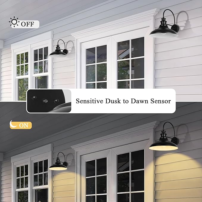 Dusk to Dawn Sensor Outdoor Barn Light Fixtures, 12.3 Inch Dome Farmhouse Outdoor Wall Sconces, Exterior Wall Mount Lights, Industrial Black White Wall Lanterns for Porch, DDRZ004-2 BK+WH