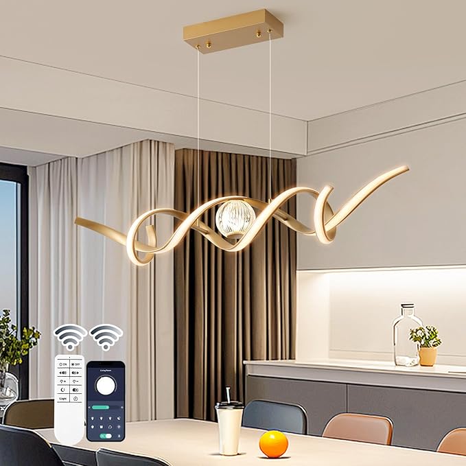 LED Modern Chandeliers for Dining Room, 39in Dimmable Gold Chandelier Kitchen Pendant Lighting Over Island, Linear Wave Spiral Pendant Light Fixtures Dining Room Lights Ceiling Hanging, 36W