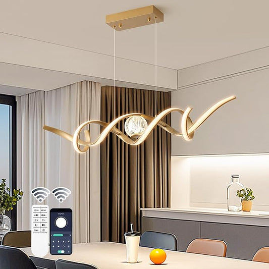 LED Modern Chandeliers for Dining Room, 39in Dimmable Gold Chandelier Kitchen Pendant Lighting Over Island, Linear Wave Spiral Pendant Light Fixtures Dining Room Lights Ceiling Hanging, 36W