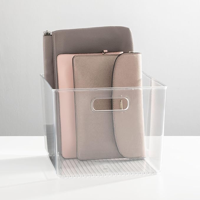 mDesign Small Modern Plastic Storage Organizer Bin Basket with Handles for Home Closet Organization - Shelf, Cubby, Cabinet, and Cupboard Organizing Decor - Ligne Collection - 2 Pack - Clear