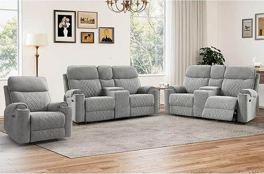 HAOMARKETS 3-Piece Recliner Sofa Set with Charging Ports, Include Power Recliner Chair and 2 2-Seater Loveseat Reclining Couches with Hidden Storage and Cup Holders for Living Room, Light Grey