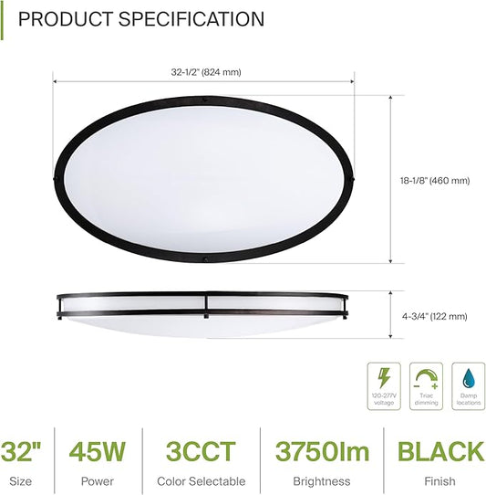 ASD LED 32" Oval Flush Mount Lighting, Close to Ceiling Light Fixture | 3CCT, Dimmable, Energy Star, ETL Listed | 45W 3750LM 3000-5000K 100-277V | Low Profile Double Ring Lamp | Black, 2 Pack