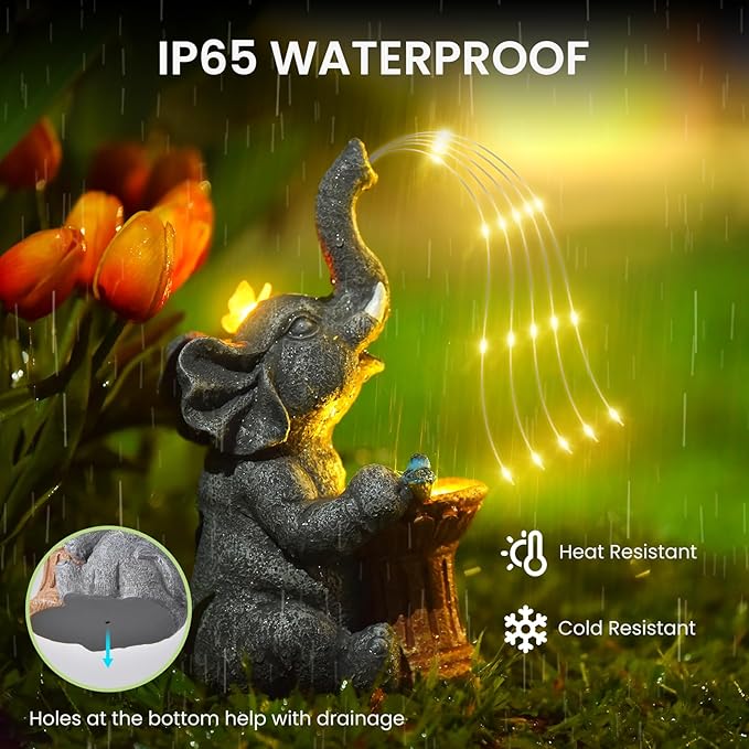 Elephant Statue Garden Decor- Outdoor Decoration with Solar Powered LED Lights, Valentine's Day for Women, Garden Gifts for Mom, Decorations for Courtyard, Patio, Lawn, Yard