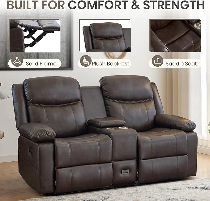 Manual Reclining Loveseat with Massage and Heat, Double Recliner Sofa with Center Console, Cup Holders & Storage for Living Room, RV (Brown)