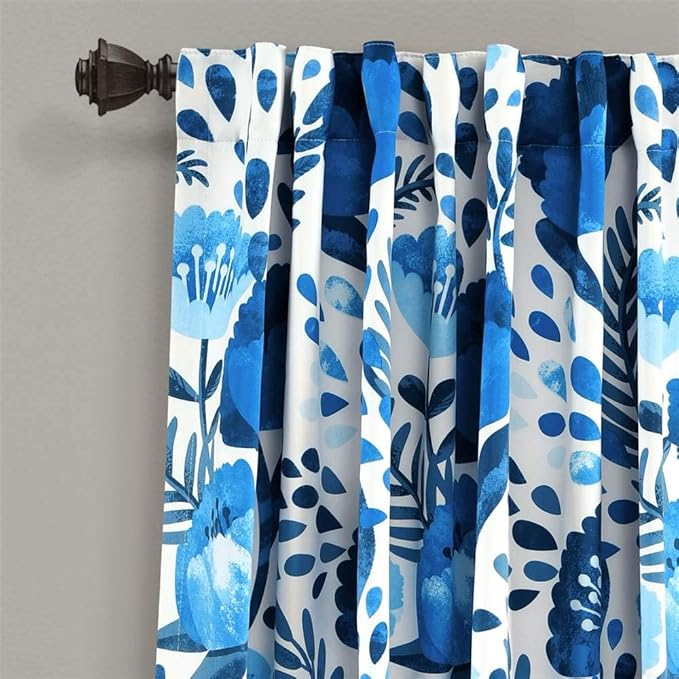 Lush Decor, Blue Poppy Garden Curtains Light Filtering Window Panel Set for Living, Dining, Bedroom (Pair) 95” x 52"