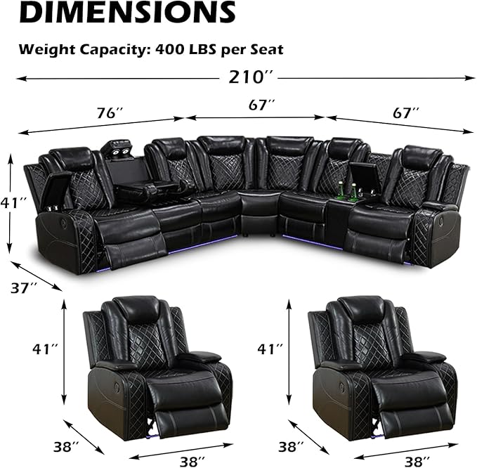 Leather Power Recliner Sectional Sofa Set with LED Light,L Shaped Leather Couch Set with Chair*2,Modular Corner Sofa with USB Ports for Living Room Furniture(Black, Sectional+Chair*2)