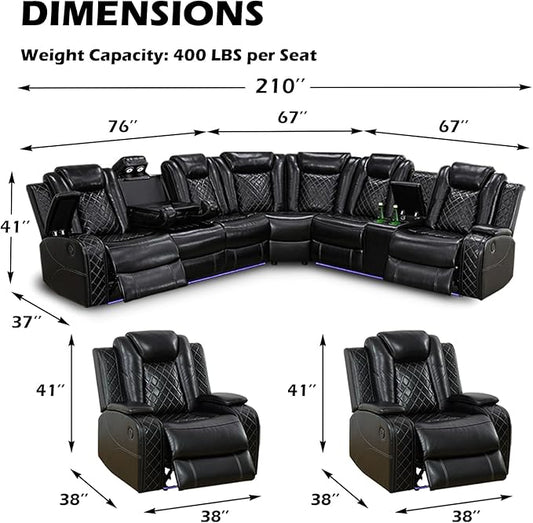 Leather Power Recliner Sectional Sofa Set with LED Light,L Shaped Leather Couch Set with Chair*2,Modular Corner Sofa with USB Ports for Living Room Furniture(Black, Sectional+Chair*2)