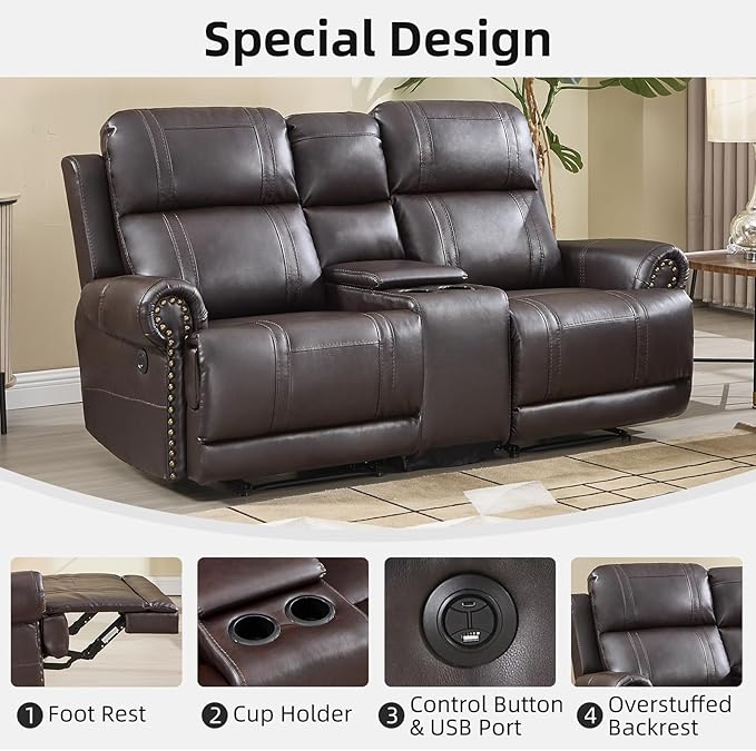 EBELLO Faux Leather Electric Reclining Loveseat Sofa, Power Recliner Two Seats Couch with USB and Type-C Charging Ports, Vintage Rivet Design for Small Living Room, Bedroom and Meeting Room, Brown