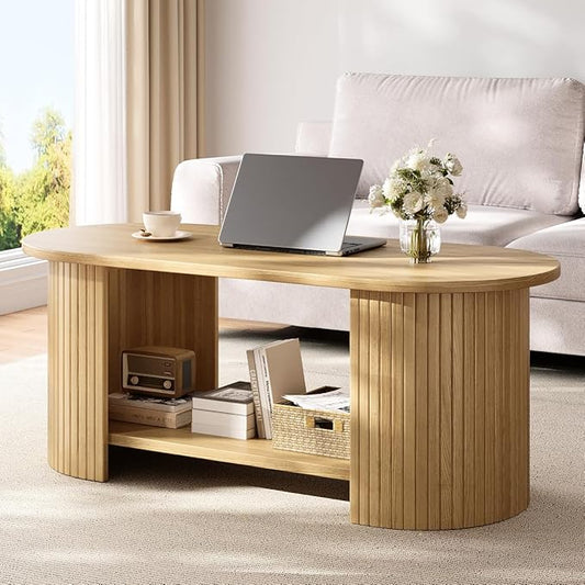Oval Fluted Coffee Table, 2-Tier Center Table with Large Storage, Mid-Century Modern Wood Coffees Table for Living Room, Home Office, Small Space, Oak