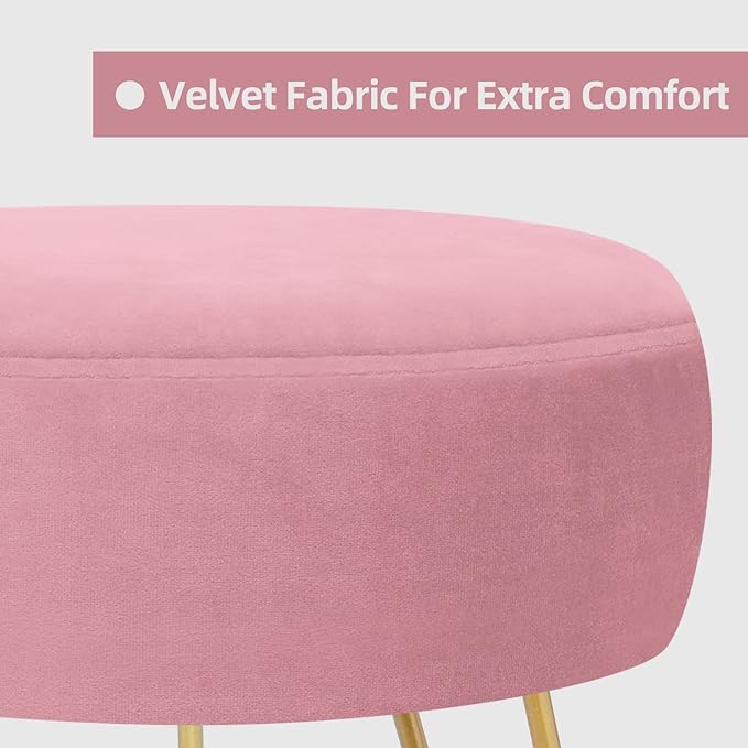 Velvet Soft Modern Vanity Stool -Round Footrest Stool Ottoman Side Table Seat Dressing with Golden Metal Leg and Sponge Filling,Upholstered Foot Rest, for Living Room and Bedroom Pink