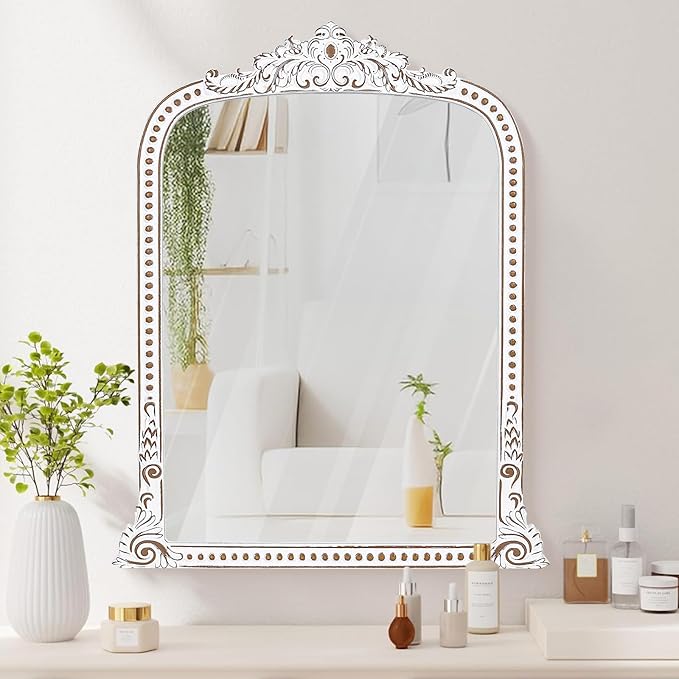 34x42 Inch Baroque Beaded Arched Wooden Wall Mirror, Ornate Rustic Farmhouse Decorative Mirror for Entryway, Fireplace Mantel, Living Room, Bathroom
