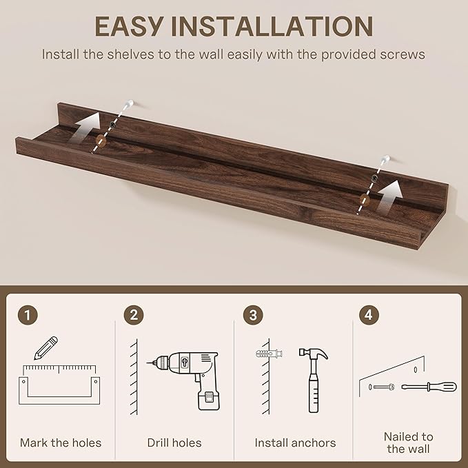 Fun Memories Picture Ledge Shelves Set of 2-55 Inch Shelves with Lip - Large Nursery Bookshelf for Storage - Floating Shelf Wall Mounted for Living Room - Bedroom -Kitchen - Walnut Color