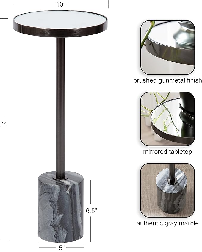 Kate and Laurel Hescott Modern Mirrored Drink Table; 10 x 10 x 24; Gray Marble and Gunmetal; Contemporary Round Accent Table with Premium Marble Base and Mirror Tabletop