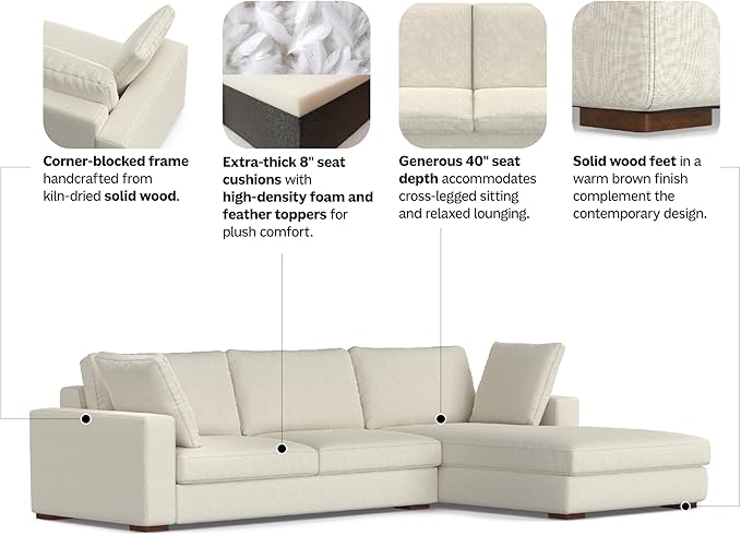 SIMPLIHOME Charlie Right-Facing Sectional Sofa in 100% Recycled Polyester Tightly Woven Performance Fabric, Cream, 122-inches Wide, Handcrafted Contemporary Style L-Shaped Couch with Chaise