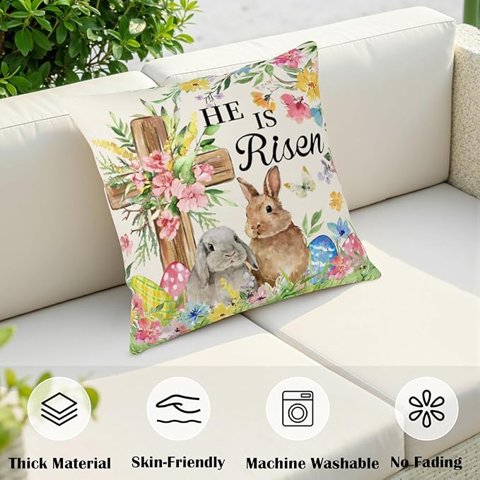 He is Risen Easter Bunny Pillow Covers 16x16 Set of 2 Bunnies Floral Cross Throw Pillows Spring Rabbits Colorful Eggs Outdoor Farmhouse Pillow Case for Couch Home Sofa Bed Porch Decor