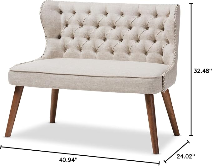 Baxton Studio Sydney Walnut Wood Button-Tufting with Nailheads Trim 2-Seater Loveseat Settee, Light Beige