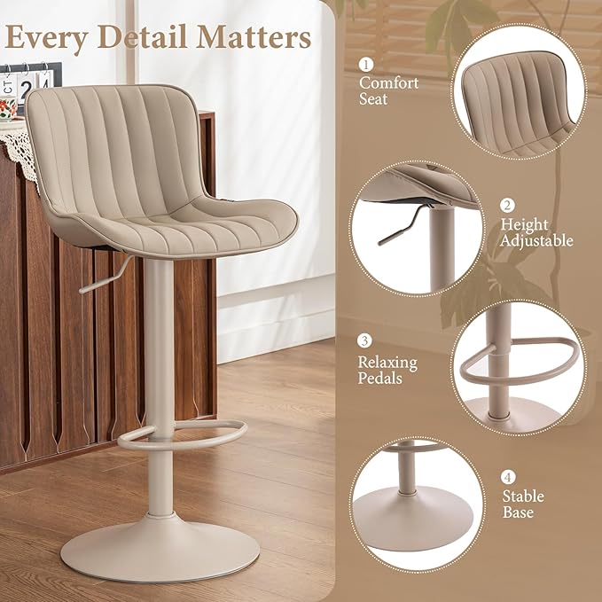 YOUNUOKE Bar Stools Set of 2, Counter Height Barstools for Kitchen Island, Modern Adjustable Swivel Khaki Bar Chairs with Khaki Legs