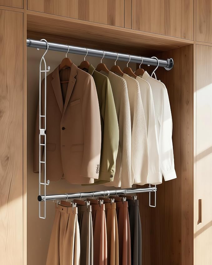 Hanging Closet Rod Stainless Steel, 1 Pack Adjustable Height & Width Closet Rod Extender, Space-Saving Closet Hanging Storage Organizer，Load up to 88LB
