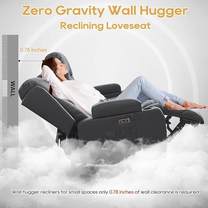 IPKIG Power Recliner Sofa with Flip-Up Backrest Console, USB & USB-C Ports, AC Outlet, LED Lights, Wall Hugger Recliners for Living Room, RV (PU Grey, 67" - 3 Seat) | Faux Leather, Zero Gravity, Dual Reclining, 2 Lumabr Pillow, Bluetooth Speakers