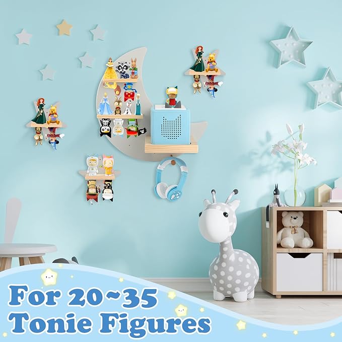 Moon + Stars for Toniebox 1/2 Tonies Figures Organizer Storage Shelf Wall Mounted, Magnetic Floating Shelves for Toniebox Player, Characters, Earphones, Display Collection 20~30 Characters (Gray)