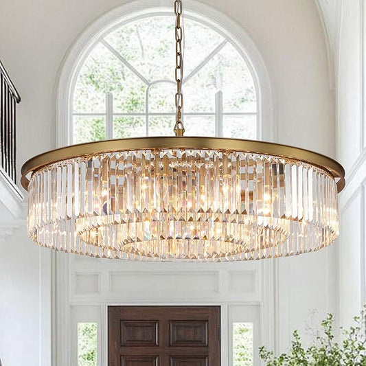 Large Crystal Chandelier Modern Luxury Pendant Ceiling Lights Fixture Antique Gold Chandelier for Dining Room Living Room 12-Lights 3-Tier Raindrop Chandeliers Lighting (Gold, Dia 31 Inch)