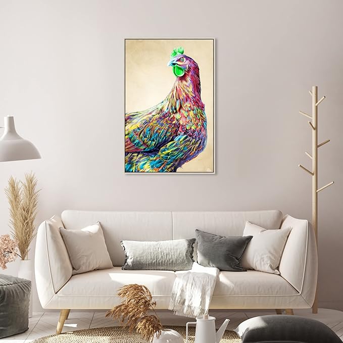 Country Farmhouse Canvas Print Painting Animal Wall Art 'Fun Colorful Glam Rooster' Champagne Framed Canvas Rustic Home Décor 20x30 in Pink, Green by Oliver Gal