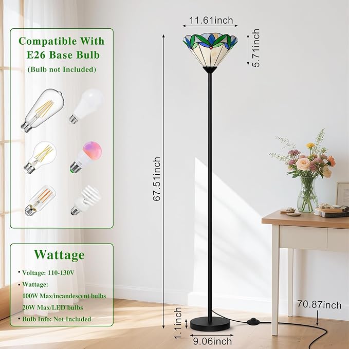 Floor Lamp with Tree Leaf Stained Glass Shade, Torchiere Floor Lamp, Tall Corner Pole Lamp with Foot Switch, Vintage Style Decorative Standing Reading Light for Living Room Bedroom(E26 Base)