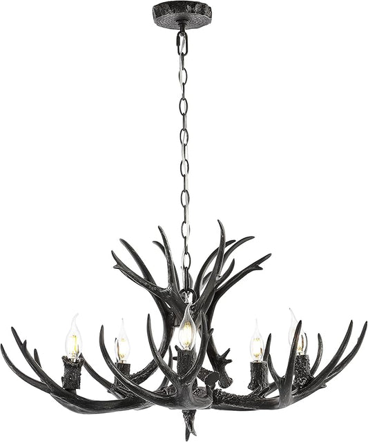JONATHAN Y 26" Black Rustic Resin Antler 4-Light LED Chandelier, Farmhouse Faux Deer Horn Hanging Ceiling Light for Dining Room, Kitchen Island, Adjustable Light Fixture (JYL6300C)