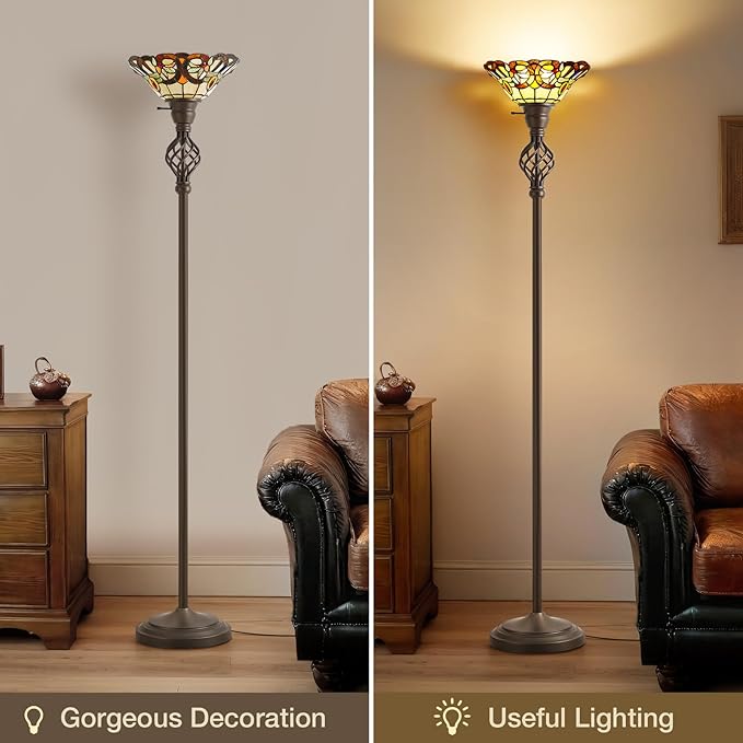 GyroVu Tiffany Floor Lamp, Torchiere Floor Lamps with Stained Glass, 71 Inch Tall Floor Standing Reading Light for Living Room Corner Bedroom Home Office, Bulbs Included