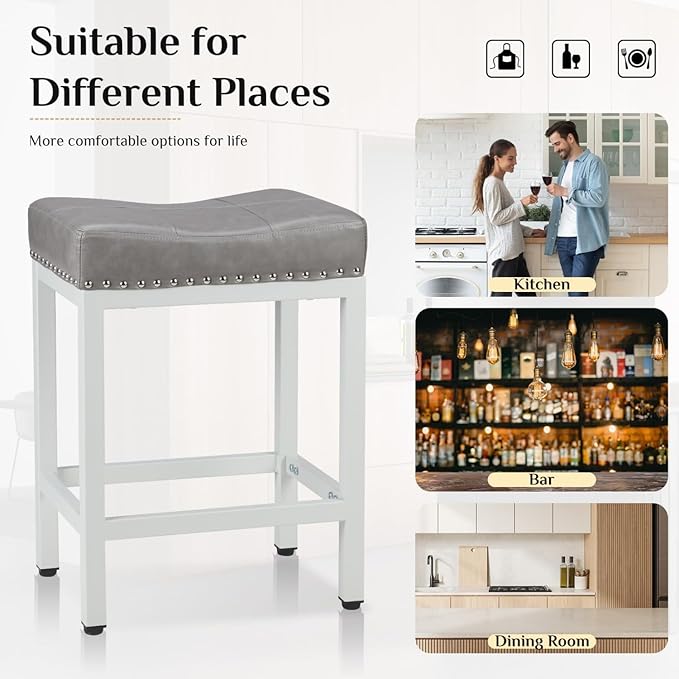 Counter Stools Set of 2 Upholstered Counter Height Bar Stools with Padded Seats and Metal Base, Leather Saddle Stool for Modern Kitchen Island, 22.4-Inch, Grey