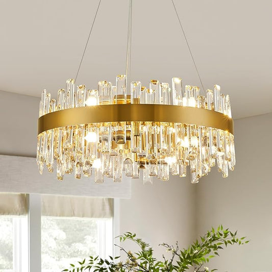 CROSSIO Modern Crystal Chandelier for Dining Room, 12-Light Luxury Gold Flush Mount Crystal Ceiling Light 2-Tiers K9 Crystal Raindrop Chandelier for Living Room Kitchen Entryway Foyer D23.6''