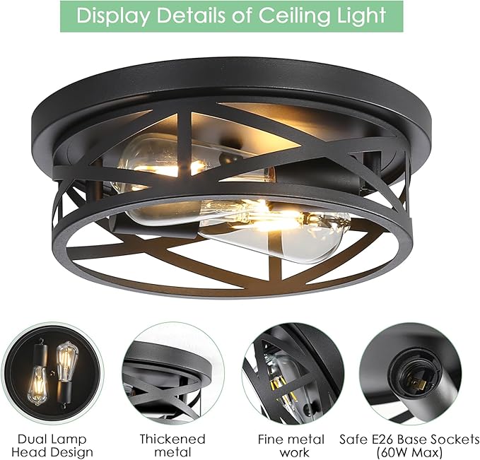 Black Flush Mount Ceiling Light 2-Pack, Industrial Metal Cage Semi Flush Mount Light Fixtures, 11 Inch Farmhouse Close to Ceiling Light for Hallway Kitchen Bedroom Entryway