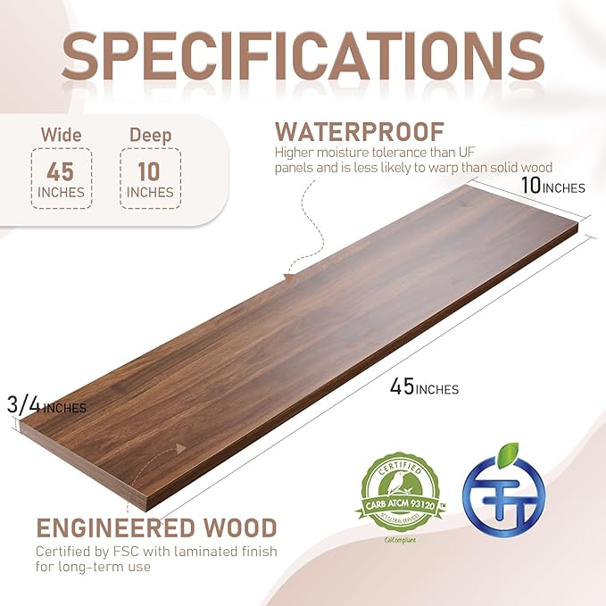 Kaboon 45 inch Long 10 inch Deep Floating Shelves for Wall Set of 2, Large Open Shelves Wall Mounted, Space Saving Home and Commercial Use, Walnut