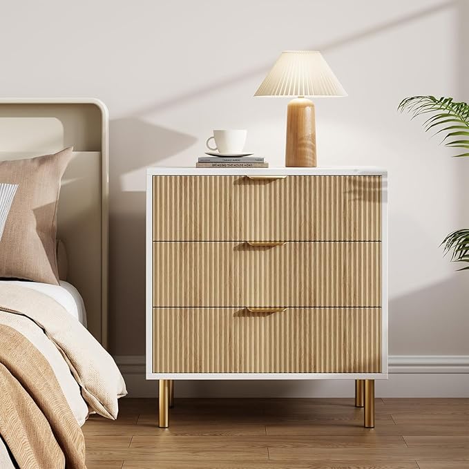 IDEALHOUSE Natural Dresser, Modern 3 Drawer Dresser for Bedroom with Gold Handle and Large Drawer, Wood Double Chest of Drawers and Storage Organizer for Living Room, Hallway, Entryway
