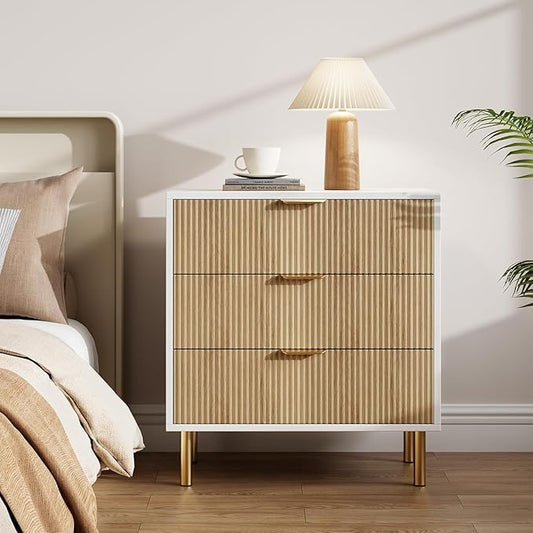 IDEALHOUSE Natural Dresser, Modern 3 Drawer Dresser for Bedroom with Gold Handle and Large Drawer, Wood Double Chest of Drawers and Storage Organizer for Living Room, Hallway, Entryway