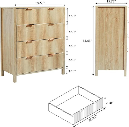 Fluted 4 Drawer Tall Dresser for Bedroom, Mid Century Modern Nightstand with Drawers, Tall Bedside Table for Closet Cloth, Living Room End Table with Storage for Dorm -Natural