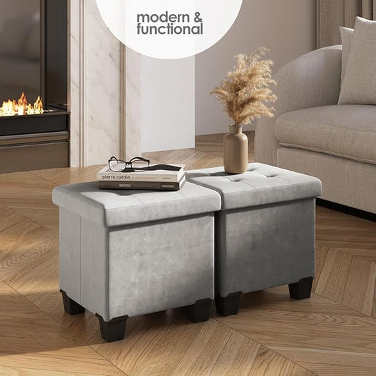 Storage Ottoman Cube with Small Bin, 15-in Square Ottoman with Storage for Living Room and Bedroom, Small Ottomans Foot Rest, Velvet Foot Stools Ottomans Max 330lbs, Light Grey
