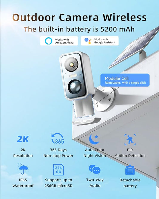 2K/3MP Solar Camera Outdoor Wireless- Outdoor Camera Wireless, 24/7 Protection, 2-Way Audio, AI Motion Detection, Solar/Battery Powered Spotlight Color Night Vision Used for Home Security
