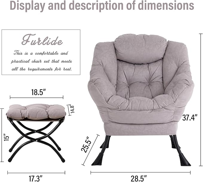 Lazy Chair with Ottoman, Modern Chair with Folding Footrest, Light Grey Accent Chair, Comfortable Reading Chair, Oversized Armchairs for Bedroom, Study, Living Room, Courtyard