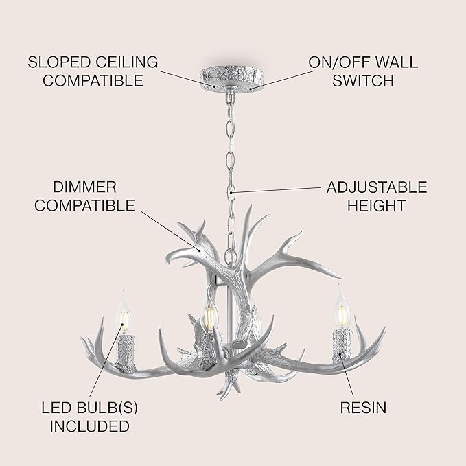 JONATHAN Y 26" Silver Rustic Resin Antler 4-Light LED Chandelier, Farmhouse Faux Deer Horn Hanging Ceiling Light for Dining Room, Kitchen Island, Adjustable Light Fixture (JYL6301C)