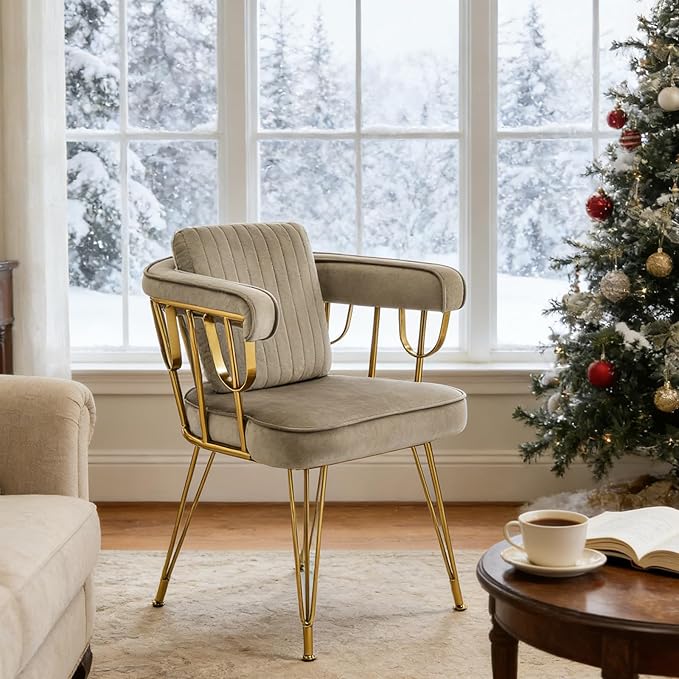 Set of 2 Desk Chair No Wheels Accent Makeup Vanity Chairs with Gold Back & Legs, Velvet Upholstered Armchair with Extra Pillow for Girls Bedroom Dressing Room Nail Salon Living Room, Greyish Brown