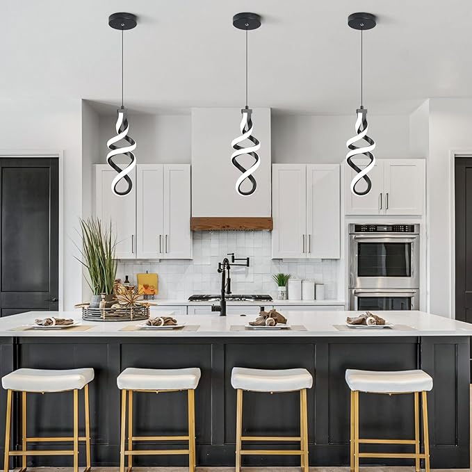 Modern Led Pendant Light Fixture, 15W Black Spiral Led Chandelier Hanging Lamp, 4500K Daylight White Pendant Lamp, Adjustable Height Pendant Light for Kitchen Dining Room Bedroom Kitchen Island Cafe