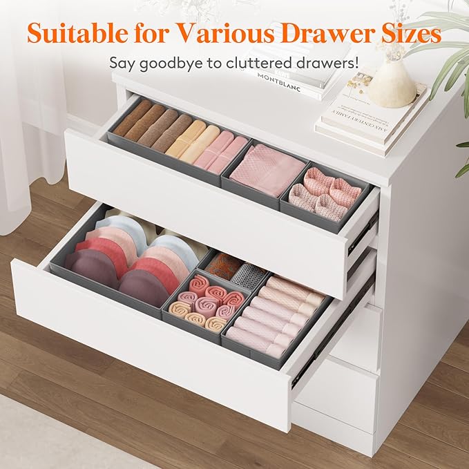 Lifewit 16 Pack Drawer Organizer, Dresser Underwear Drawer Organizer Bins, Foldable Fabric Closet Organizers, Storage Drawer Dividers, Dorm Room Essentials for Clothing, Socks, Towels, Ties Gray