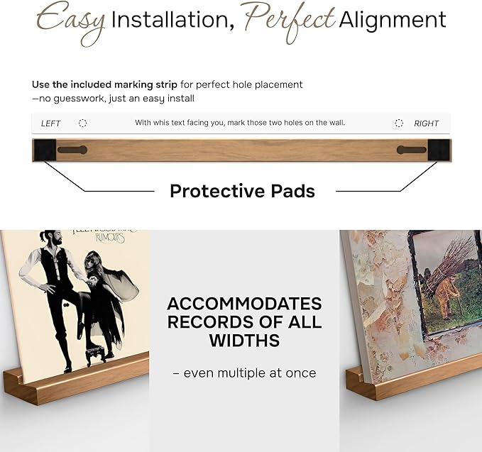 VOL-KI 4-Pack Vinyl Record Shelf Wall Mount – Solid NZ Pine Wood Floating Vinyl Display Shelf & Record Holder, Includes Now Playing Display, Marking Strip & Mini Level (Rich Walnut)