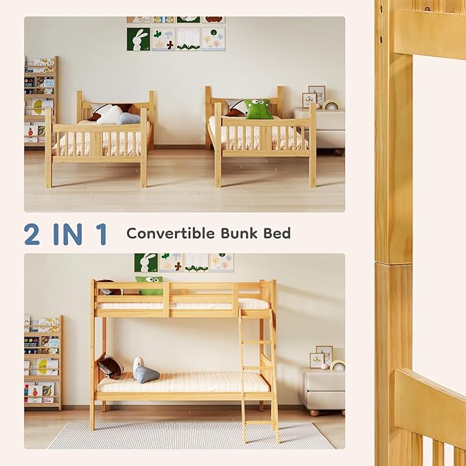 DUMOS Loft Bunk Bed Twin Over Twin, Solid Wood Frame with Slats, Bunk Beds with Ladder and Guardrail, No Box Spring Needed, Space Saving Bed Frame for Dorm, Bedroom